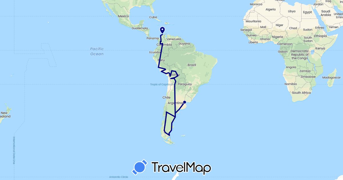 TravelMap itinerary: driving in Argentina, Bolivia, Colombia, Peru (South America)